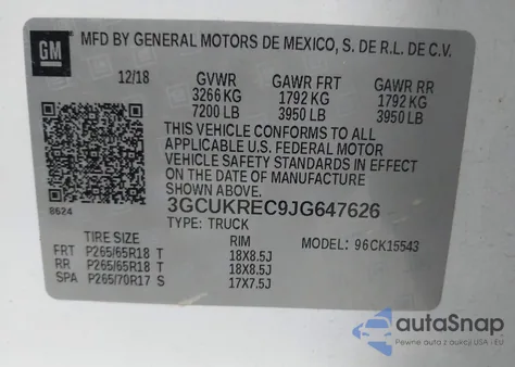 2018 Chevrolet Silverado K1500 Lt z USA, uszkodzony, nr VIN 3GCUKREC9JG647626